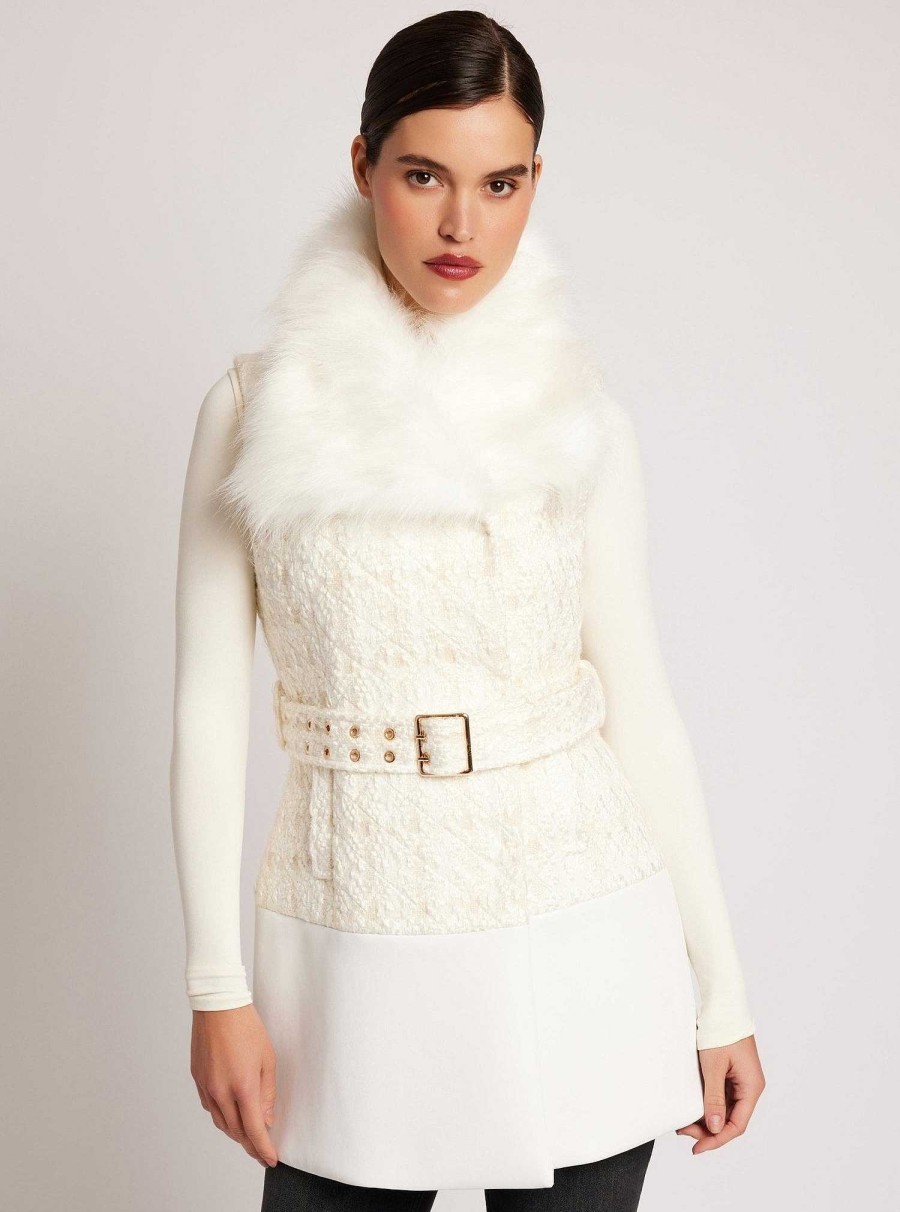 New Blanc Noir Irina Boucle Gilet Long Bordure Doree Combo Ivoire