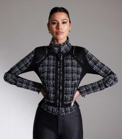 Wholesale Blanc Noir Veste En Maille Boucle Moto Boucle Noire